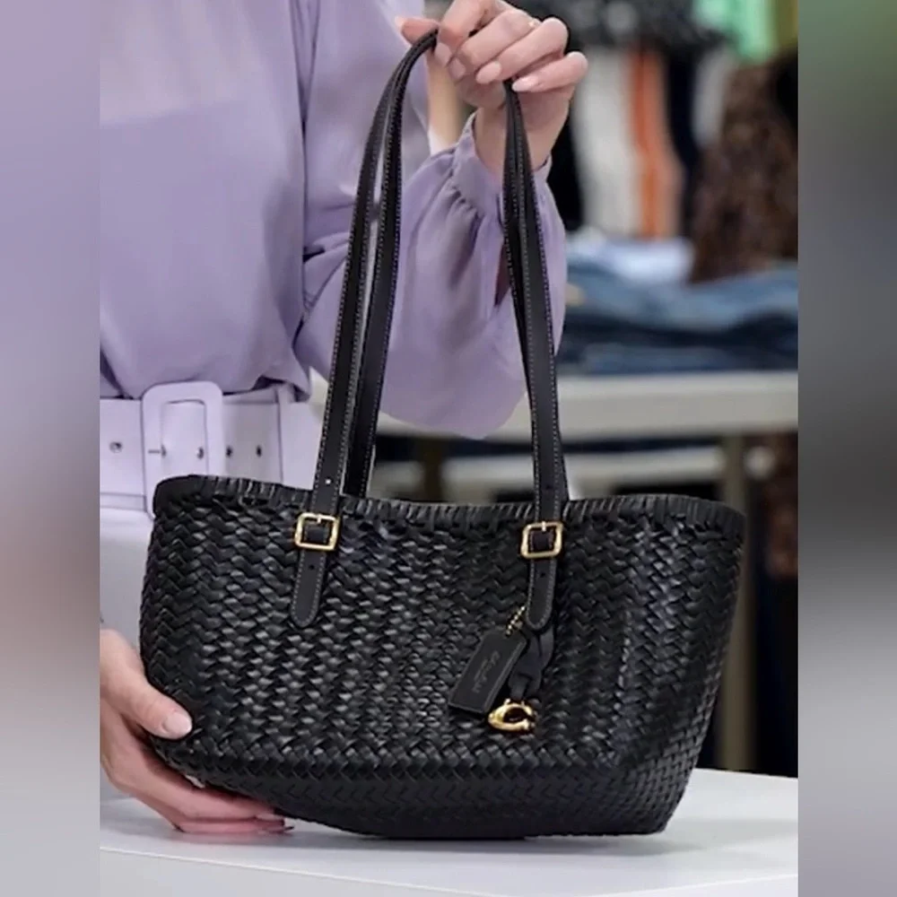 Coach Black Woven Leather Swing Tote - Picture 12 of 13